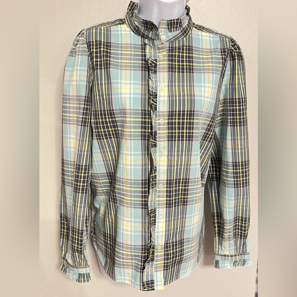 LOFT New with tags, button down ruffle plaid shirt, size small